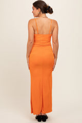 Orange Ribbed Fitted Maternity Maxi Dress