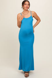 Aqua Ribbed Fitted Maternity Maxi Dress