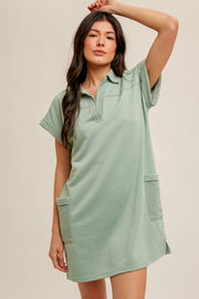 Mint Terry Cuff Sleeve Pocketed Collared Dress