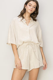 Beige Linen Blend Short Sleeve Short Set