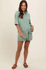 Mint Green Linen Blend Short Sleeve Maternity Short Set