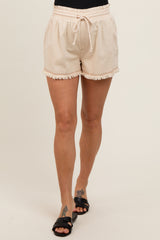 Beige Drawstring Fringe Hem Maternity Shorts