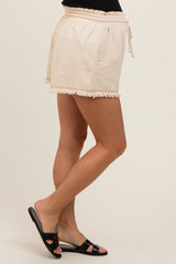 Beige Drawstring Fringe Hem Maternity Shorts