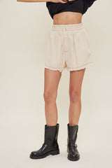 Beige Drawstring Fringe Hem Shorts