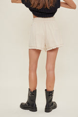 Beige Drawstring Fringe Hem Shorts