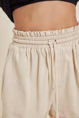 Beige Drawstring Fringe Hem Shorts