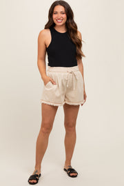 Beige Drawstring Fringe Hem Maternity Shorts