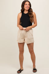 Beige Drawstring Fringe Hem Maternity Shorts