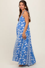 Royal Blue Floral Ruffle Shoulder Cut-Out Back Maternity Maxi Dress