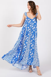 Royal Blue Floral Ruffle Shoulder Cut-Out Back Maxi Dress