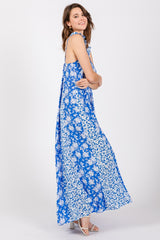 Royal Blue Floral Ruffle Shoulder Cut-Out Back Maxi Dress