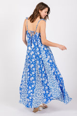 Royal Blue Floral Ruffle Shoulder Cut-Out Back Maxi Dress