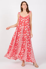 Red Floral Ruffle Shoulder Cut-Out Back Maternity Maxi Dress