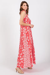 Red Floral Ruffle Shoulder Cut-Out Back Maxi Dress