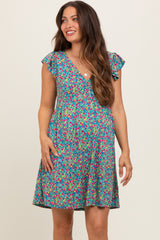 Teal Floral V-Neck Maternity Dress