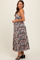 Black Floral Front Cutout Drawstring Tie Maternity Midi Dress