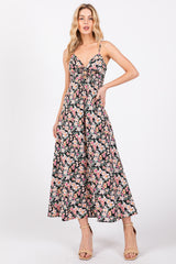 Black Floral Front Cutout Drawstring Tie Maternity Midi Dress