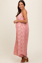 Coral Floral Striped Asymmetrical Maternity Jumpsuit