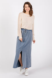 Blue Terry Drawstring Midi Skirt