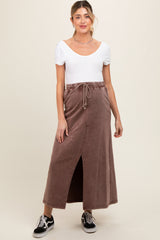 Brown Terry Drawstring Maternity Midi Skirt