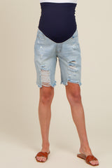 Light Blue Distressed Denim Bermuda Maternity Shorts