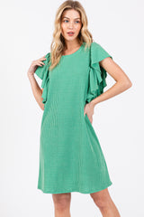 Green Ribbed Ruffle Sleeve Maternity Dress