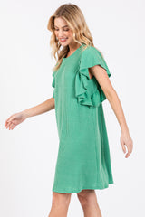 Green Ribbed Ruffle Sleeve Dress