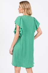 Green Ribbed Ruffle Sleeve Dress