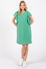 Green Ribbed Ruffle Sleeve Dress