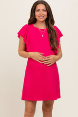 Fuchsia Ribbed Ruffle Sleeve Maternity Dress