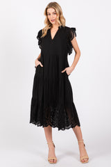 Black V-Neck Eyelet Detail Ruffle Shoulder Tiered Midi Dress