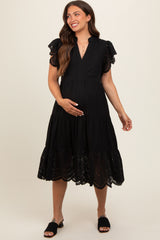 Black V-Neck Eyelet Detail Ruffle Shoulder Tiered Maternity Midi Dress