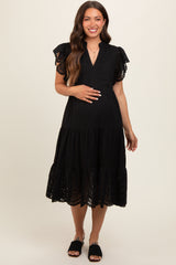 Black V-Neck Eyelet Detail Ruffle Shoulder Tiered Maternity Midi Dress