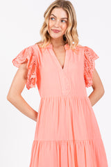 Peach V-Neck Eyelet Detail Ruffle Shoulder Tiered Midi Dress