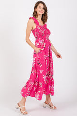 Fuchsia Floral Smocked Midi Dress