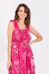 Fuchsia Floral Smocked Midi Dress