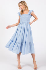 Light Blue Striped Flutter Sleeve Midi Dress