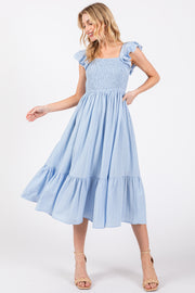 Light Blue Striped Flutter Sleeve Midi Dress