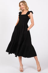 Black Striped Flutter Sleeve Maternity Midi Dress