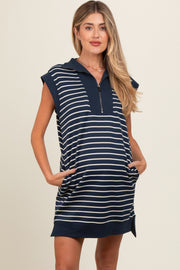 Navy Striped Knit Cap Sleeve Maternity Mini Dress