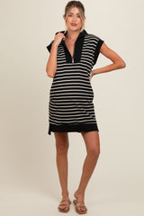 Black Striped Knit Cap Sleeve Maternity Mini Dress