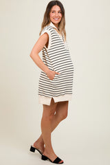 Cream Striped Knit Cap Sleeve Maternity Mini Dress