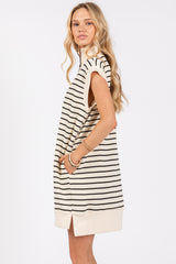 Cream Striped Knit Cap Sleeve Mini Dress