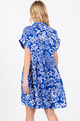 Royal Blue Floral Button Front Collared Dress