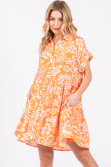 Orange Floral Button Front Collared Dress