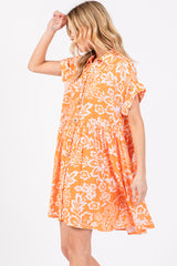 Orange Floral Button Front Collared Dress