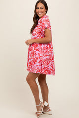 Red Floral Button Front Collared Maternity Dress