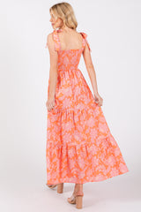 Orange Floral Tiered Shoulder Tie Dress