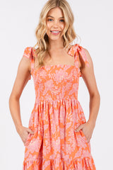 Orange Floral Tiered Shoulder Tie Dress