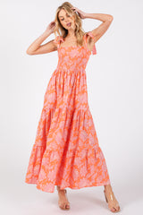 Orange Floral Tiered Shoulder Tie Dress